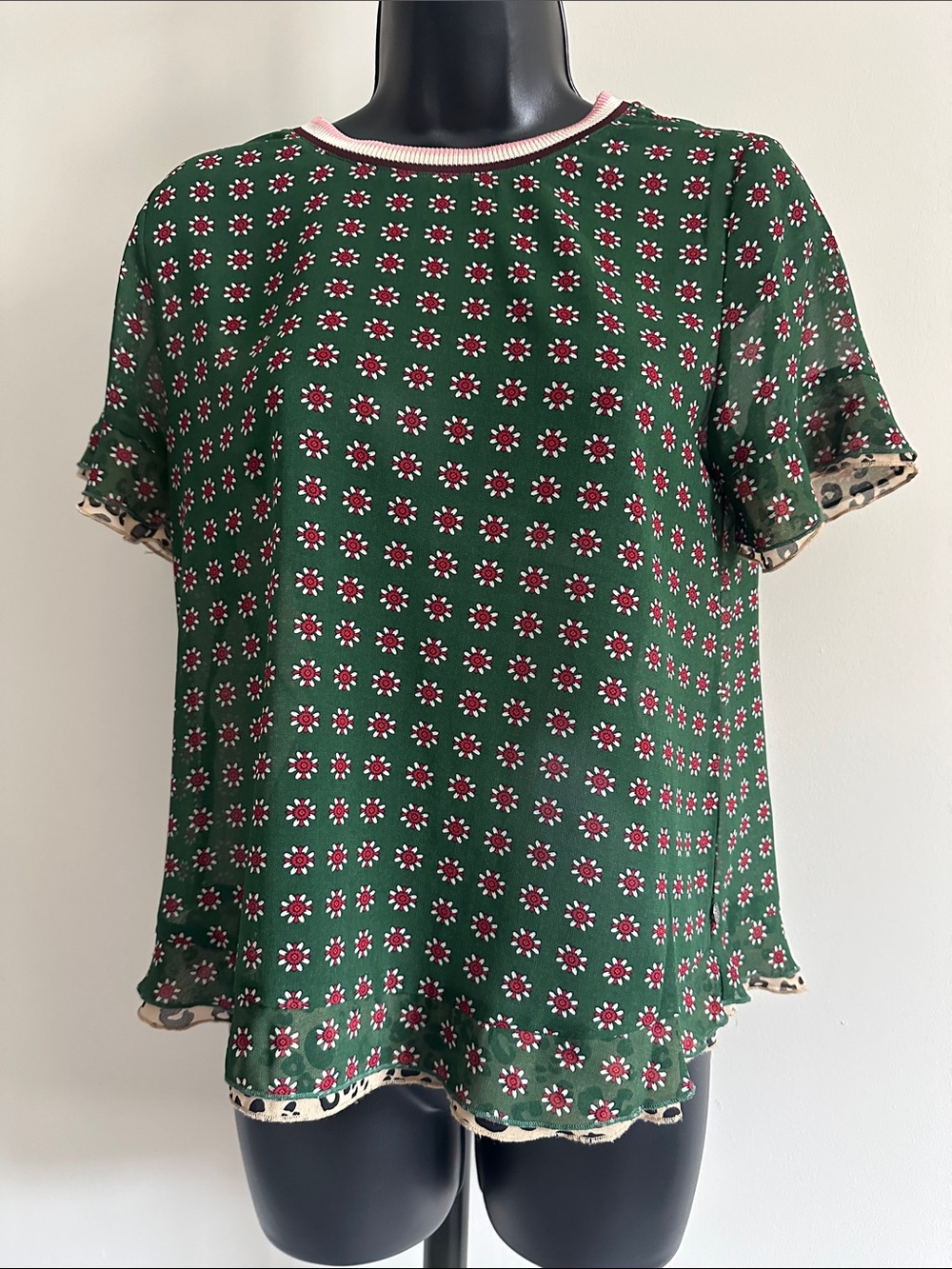 💚 Scotch & Soda Green Short Sleeve Sheer Floral Tee